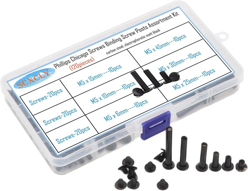 SCXCLY 120pcs Chicago Screws Binding Screw Posts Assortment Kit, 6 Sizes(M5 x 6/10/15/25/30/45m), Carbon Steel Electrophoretic (Black) - Image 5